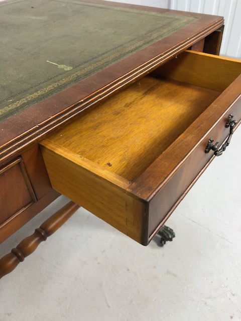 Reproduction regency style side table, leather insert top with drop down leaves supported at the - Image 8 of 9