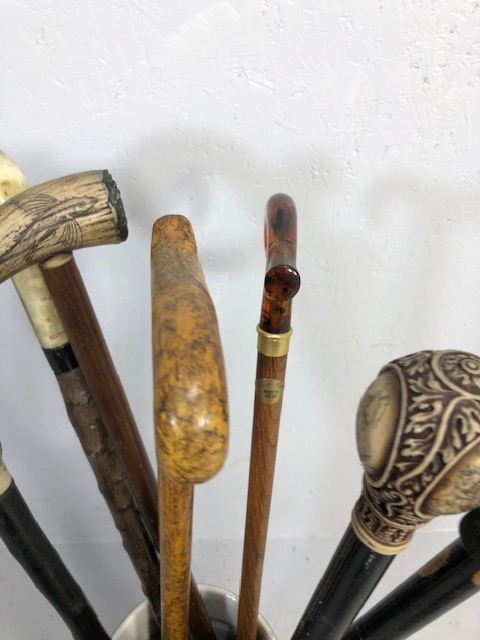 Collection of walking sticks in a ceramic stick stand , various designs, faux amber, faux bone, horn - Image 6 of 12