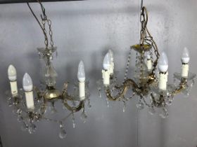 Vintage lighting, pair of five branch glass chandeliers with faux candles