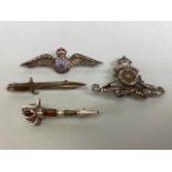 English silver hallmarked sweetheart brooches set with marcasites one for the Royal artillery the