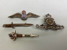 English silver hallmarked sweetheart brooches set with marcasites one for the Royal artillery the