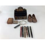 Collection of vintage curios to include Childs leather shoes, fountain pens, stamp boxes and a