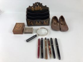 Collection of vintage curios to include Childs leather shoes, fountain pens, stamp boxes and a