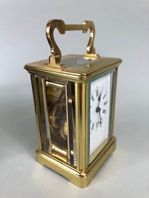 Vintage carriage clock of brass with clear panels, white dial with roman numerals approximately 11cm - Image 6 of 12