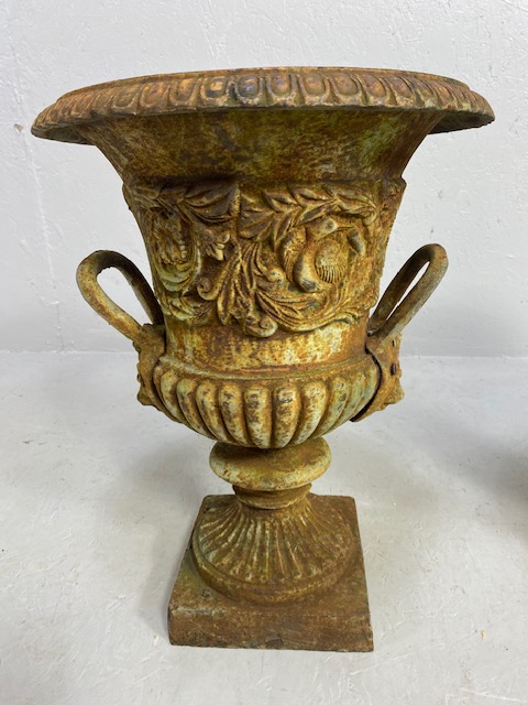 Pair of Wrought Iron Garden Urns with Lion finial handles, flared rims on square bases each approx - Image 3 of 13