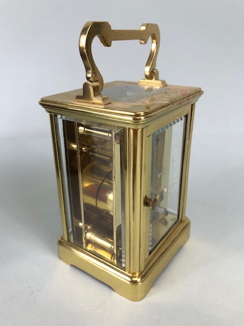 Vintage carriage clock of brass with clear panels, white dial with roman numerals approximately 11cm - Image 10 of 12