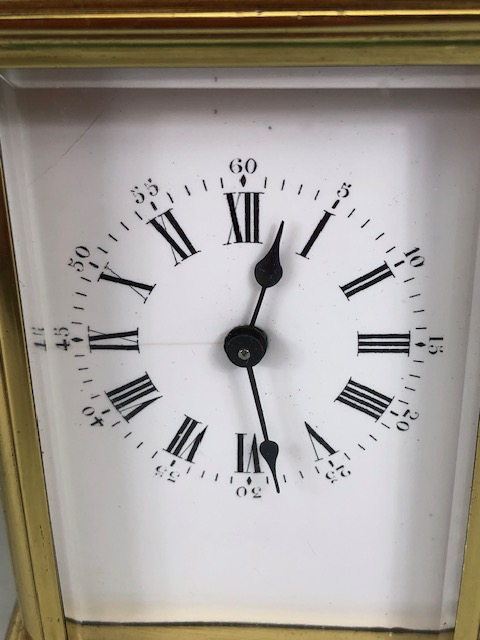 Vintage carriage clock of brass with clear panels, white dial with roman numerals approximately 11cm - Image 5 of 12