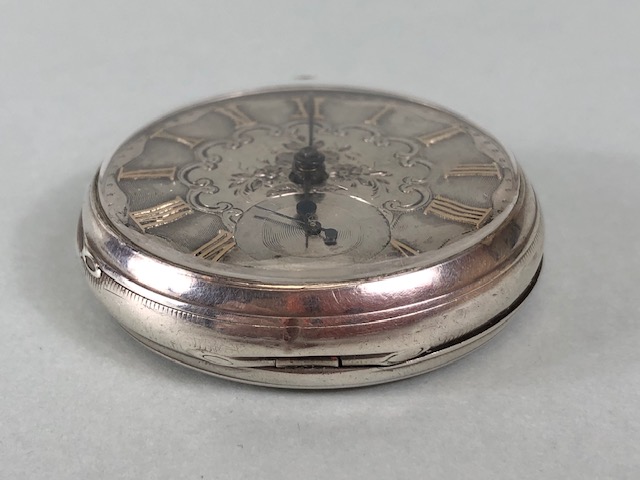 Silver hall marked Gents dress pocket watch , engine turned and engraved dial with gold roman - Image 2 of 10
