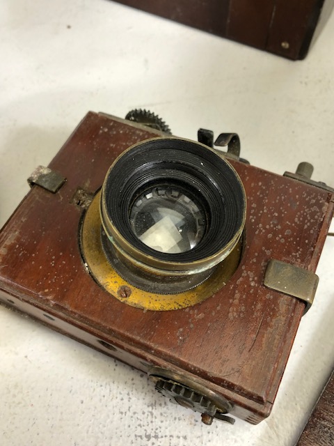 Antique Camera, mahogany and brass, plate glass camera parts including two lenses one marked Pioneer - Image 6 of 8