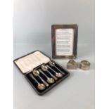 Collection of Hallmarked Silver to include a cased set of Silver spoons, two napkin rings and a