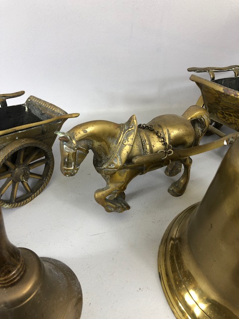 Vintage Brass ware, to include a pair of heavy horses pulling carts and Four bells, (the larger with - Image 7 of 9