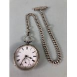 Silver, English Silver Hallmarked pocket watch with silver chain and pencil fob approximately 148.6g