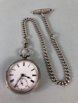 Silver, English Silver Hallmarked pocket watch with silver chain and pencil fob approximately 148.6g