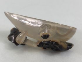Antique Jade, 19th century or earlier Chinese white and brown jade calligraphers water dish carved