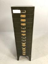 Vintage steel with dark green paint finish 15 drawer filing cabinet approximately 27 x 39 x 99 cm