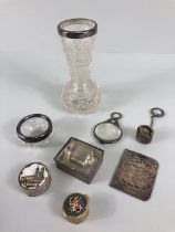Antique silver, hall marked silver mounted cut lass bud vase, silver mounted glass salt, silver
