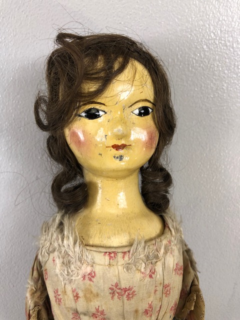 Antique doll, early 19th Century wood and cloth bodied doll with painted gesso face, silk clothes - Image 2 of 27