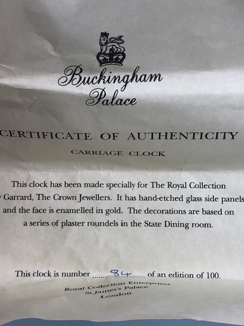 Carriage Clock, limited edition Garrard Buckingham palace carriage clock made specially for the - Image 9 of 9