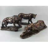 Cold Cast Bronze Big Cats: two leopards (one with damage to tail ) and a tiger, by Regency Fine arts