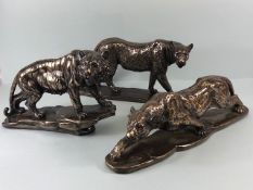 Cold Cast Bronze Big Cats: two leopards (one with damage to tail ) and a tiger, by Regency Fine arts