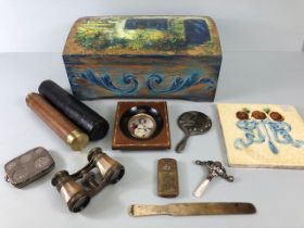 Collection of antique collectables in a modern decorated chest, three draw pocket telescope in case,