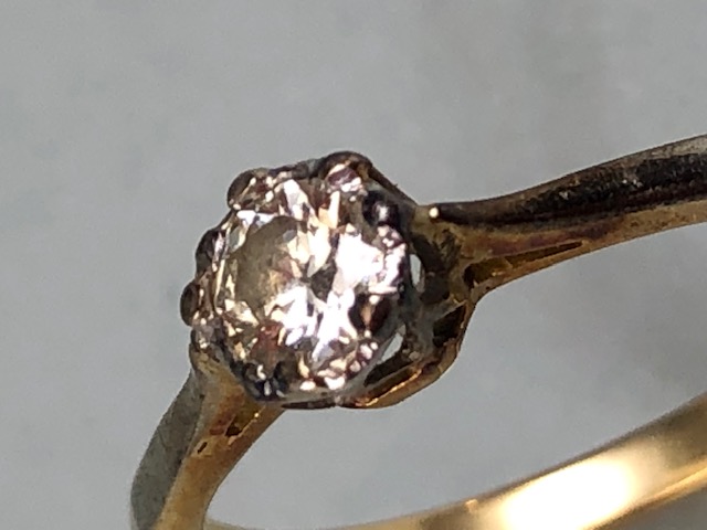 Gold Solitaire ring set with a single diamond, no hallmarks, approx .33ct and size 'K' total - Image 3 of 4