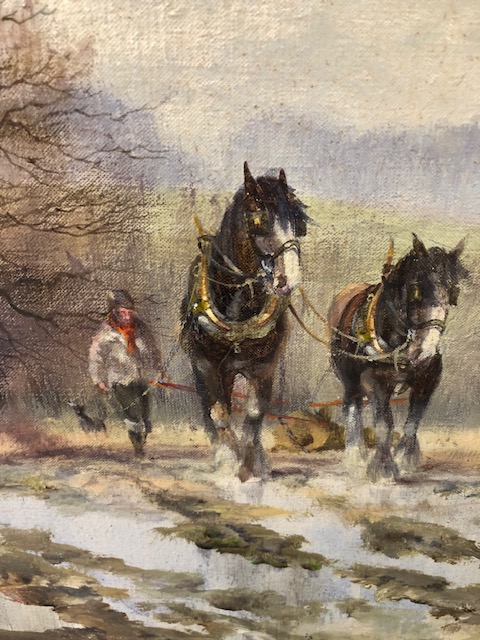 Contemporary oil on canvas by Alwyn Crawshaw depicting a horse drawn plough in a winter landscape, - Image 3 of 6