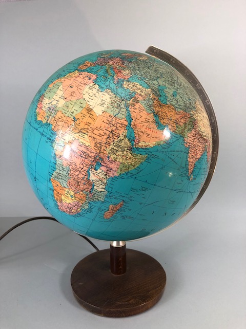 Vintage illuminated world Globe on wooden base, JRO Multi Globe Verlag Munchen approximately 45 cm