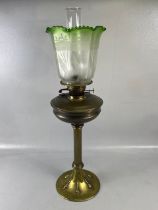 Antique Oil lamp, Victorian Art Nouveau Brass lamp base and reservoir with opaque etched shade (