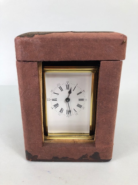 Vintage carriage clock of brass with clear panels, white dial with roman numerals approximately 11cm - Image 3 of 12