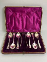 Antique Silver hallmarked set six of teaspoons and pair silver hall marked of sugar tongs in their