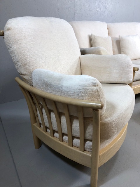 Ercol modern Blonde Ash 2 seater sofa, 2 arm chairs and foot stool cushions upholstered in cream - Image 7 of 11