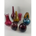 Art studio glass collection of vases in various shapes and designs and colours 8 in total