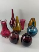 Art studio glass collection of vases in various shapes and designs and colours 8 in total
