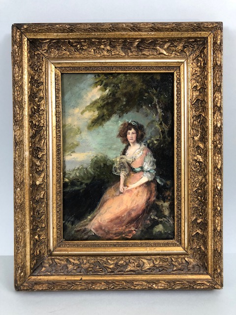 Paintings, 19th century style oil on canvas portrait of a lady sat in a country setting with