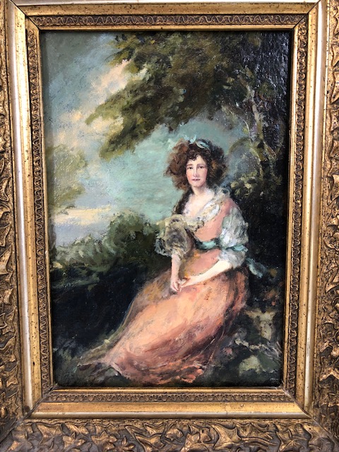 Paintings, 19th century style oil on canvas portrait of a lady sat in a country setting with - Image 2 of 7