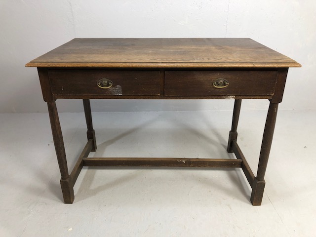 Antique Furniture, 19th century oak side table with two drawers, drop down lion mask handles