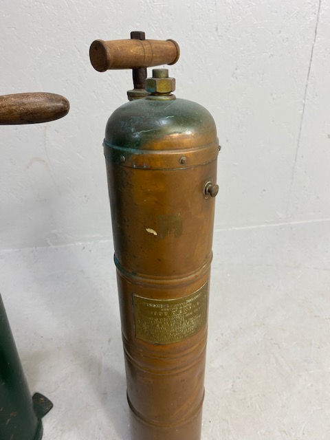 Decorators interest, two antique hand extinguisher pumps, one copper the other metal, with copper - Image 2 of 5