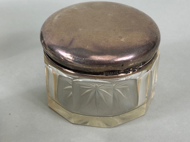 Silver Hallmarked pin box, silver top glass vanity pot, two button hooks and powder pot, five - Image 2 of 8