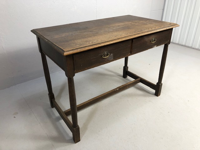 Antique Furniture, 19th century oak side table with two drawers, drop down lion mask handles - Image 2 of 6