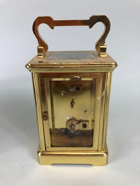 Vintage carriage clock of brass with clear panels, white dial with roman numerals approximately 11cm - Image 8 of 12