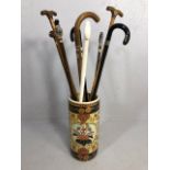 Collection of vintage walking sticks , animal head tops, horn,stone set, white metal, in a