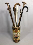 Collection of vintage walking sticks , animal head tops, horn,stone set, white metal, in a