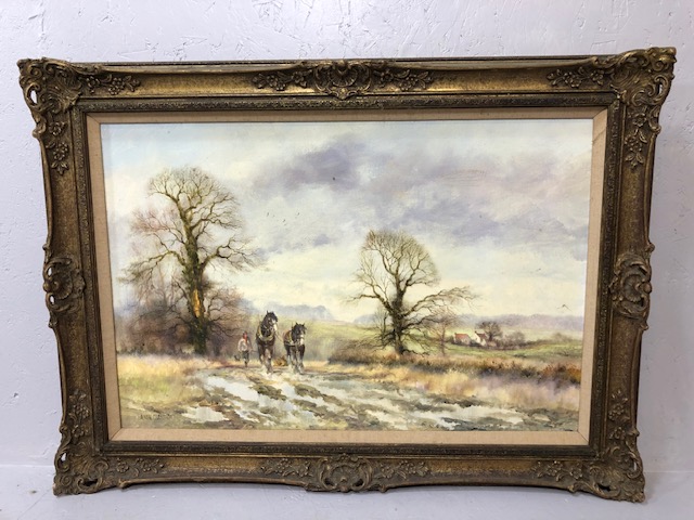 Contemporary oil on canvas by Alwyn Crawshaw depicting a horse drawn plough in a winter landscape,