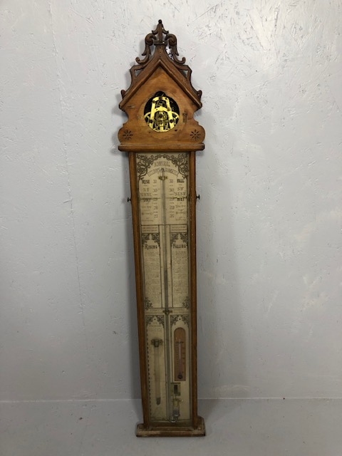 Antique Admiral FitzRoy Barometer in blonde oak gothic style case, A F approximately 120cm in length