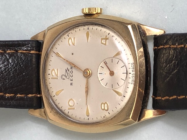 9ct Gold watch by RECORD square face with subsidiary dial at 6pm winds runs and sets on leather