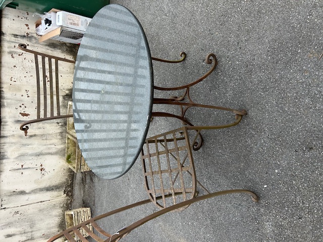 Marble topped Bistro table on wrought Iron curved legs with two wrought iron chairs