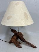 Modern table lamp with faux bog wood base and cream shade approximately 60cm high