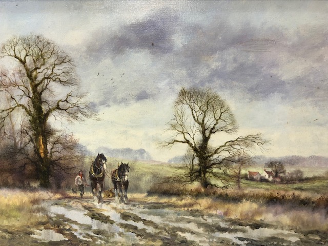 Contemporary oil on canvas by Alwyn Crawshaw depicting a horse drawn plough in a winter landscape, - Image 2 of 6