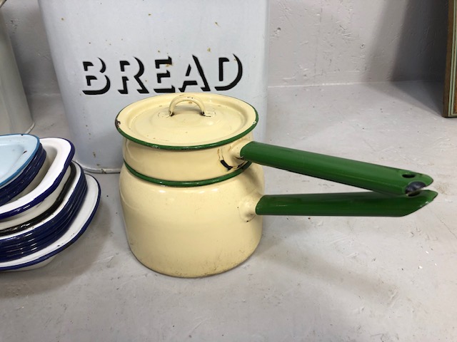 Kitchenalia, quantity of vintage white enamel kitchen items to include 2 bread pins qty of dishes - Image 2 of 6